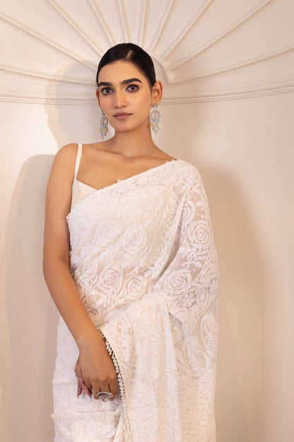 White Rose Chikankari Saree