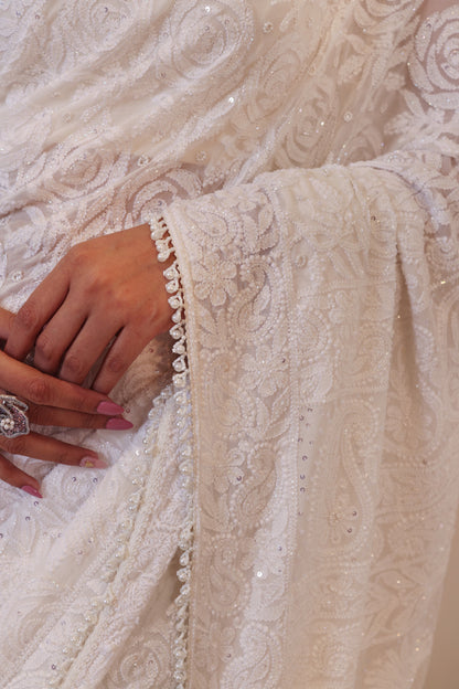 White Rose Chikankari Saree