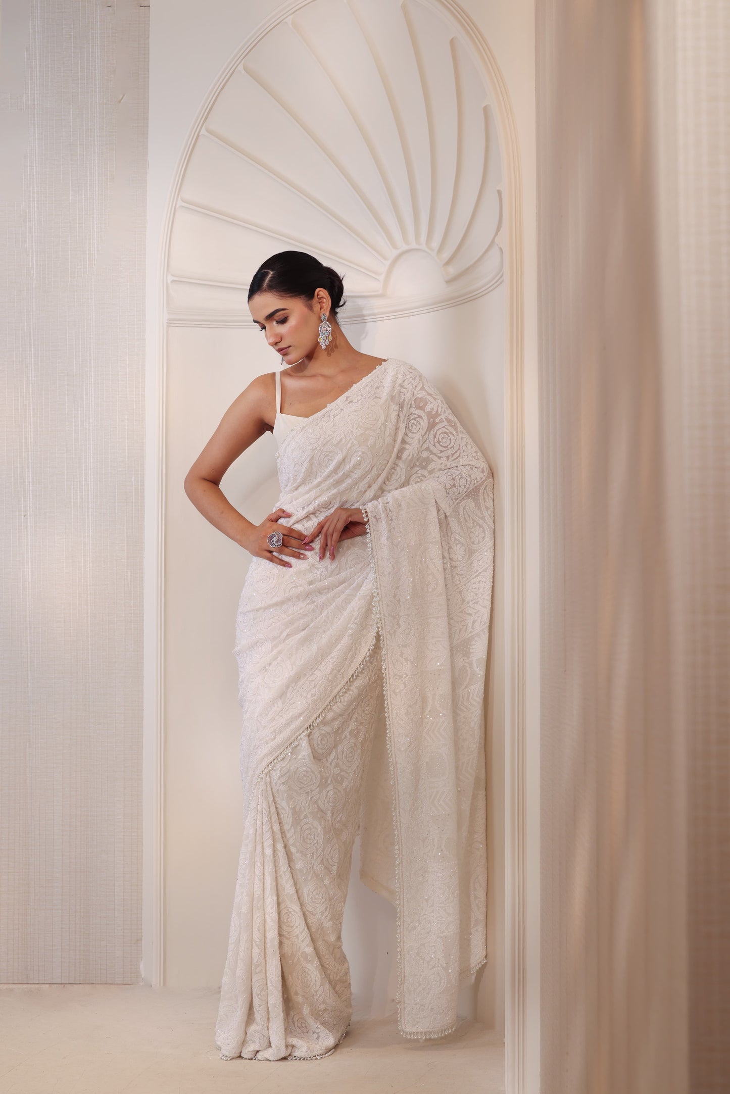 White Rose Chikankari Saree