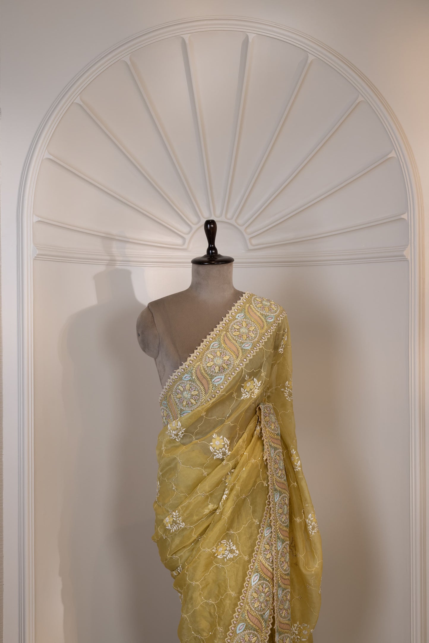 Mustard Multicolour Embroidered Organza Saree
