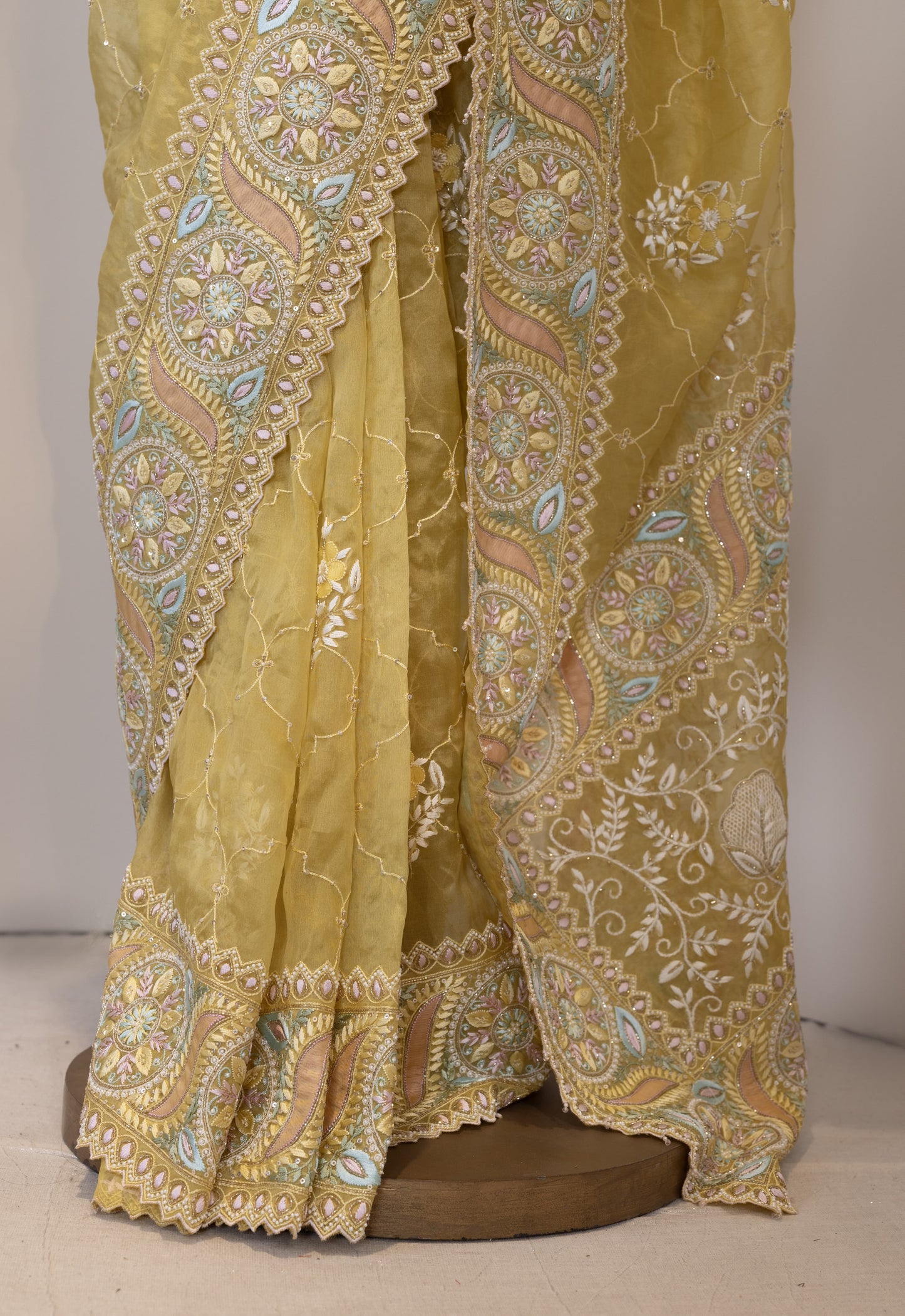 Mustard Multicolour Embroidered Organza Saree