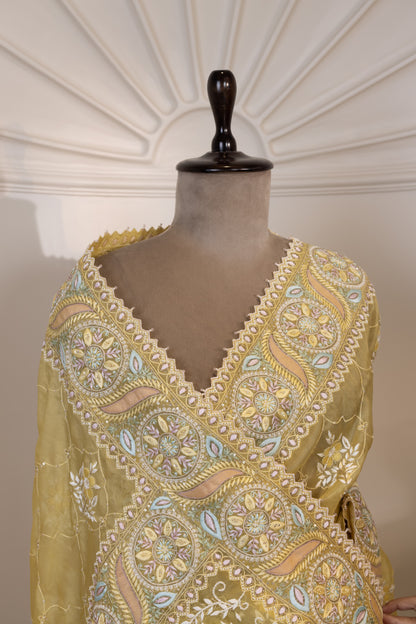 Mustard Multicolour Embroidered Organza Saree