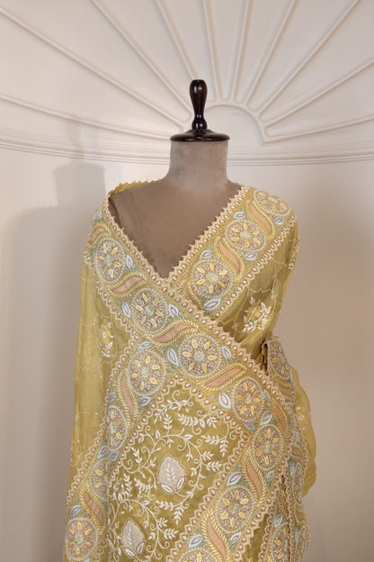 Mustard Multicolour Embroidered Organza Saree