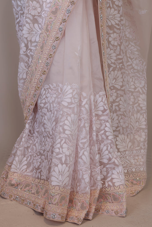 Light Pink Floral Organza Saree