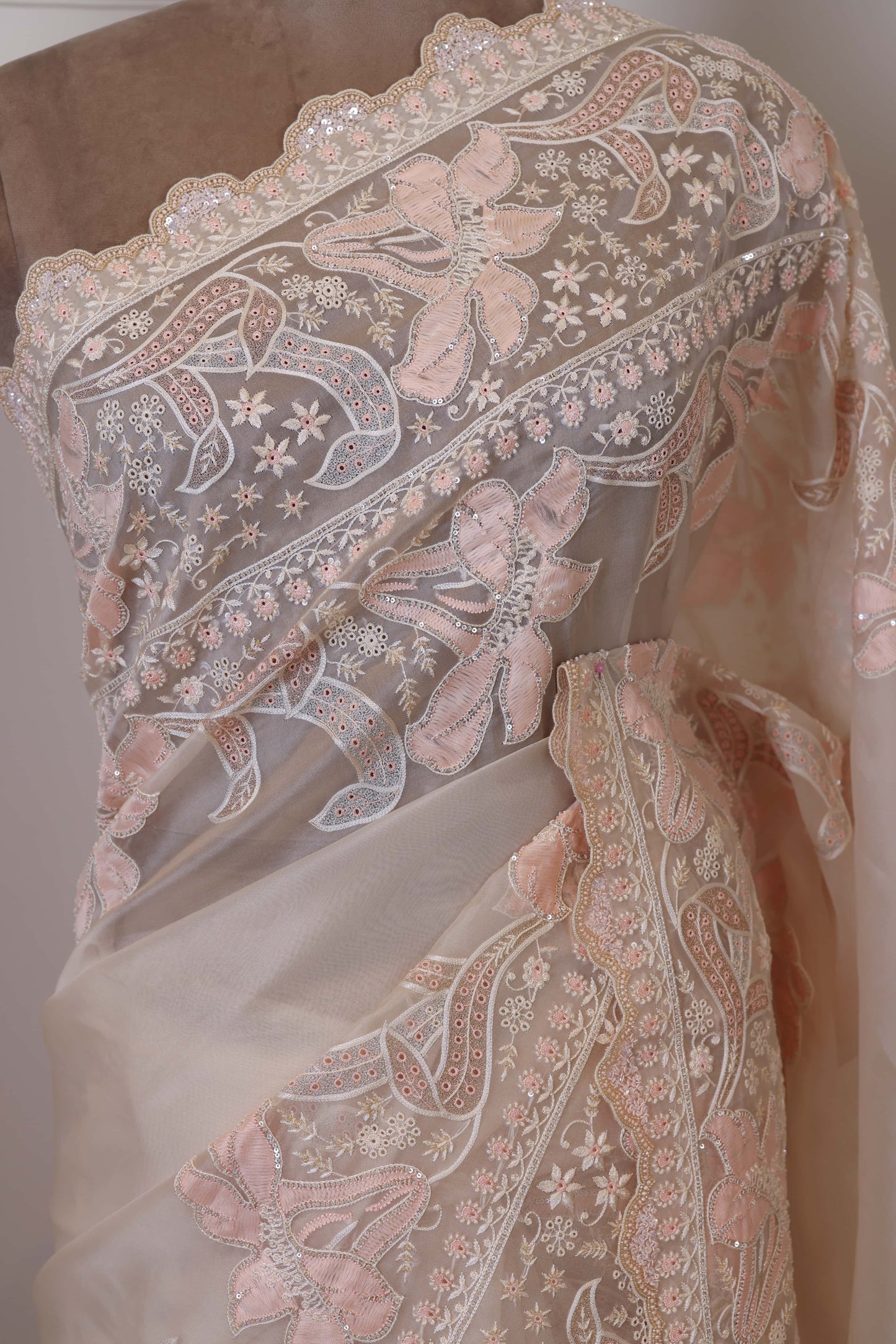 Peach Shadow Work Organza Saree
