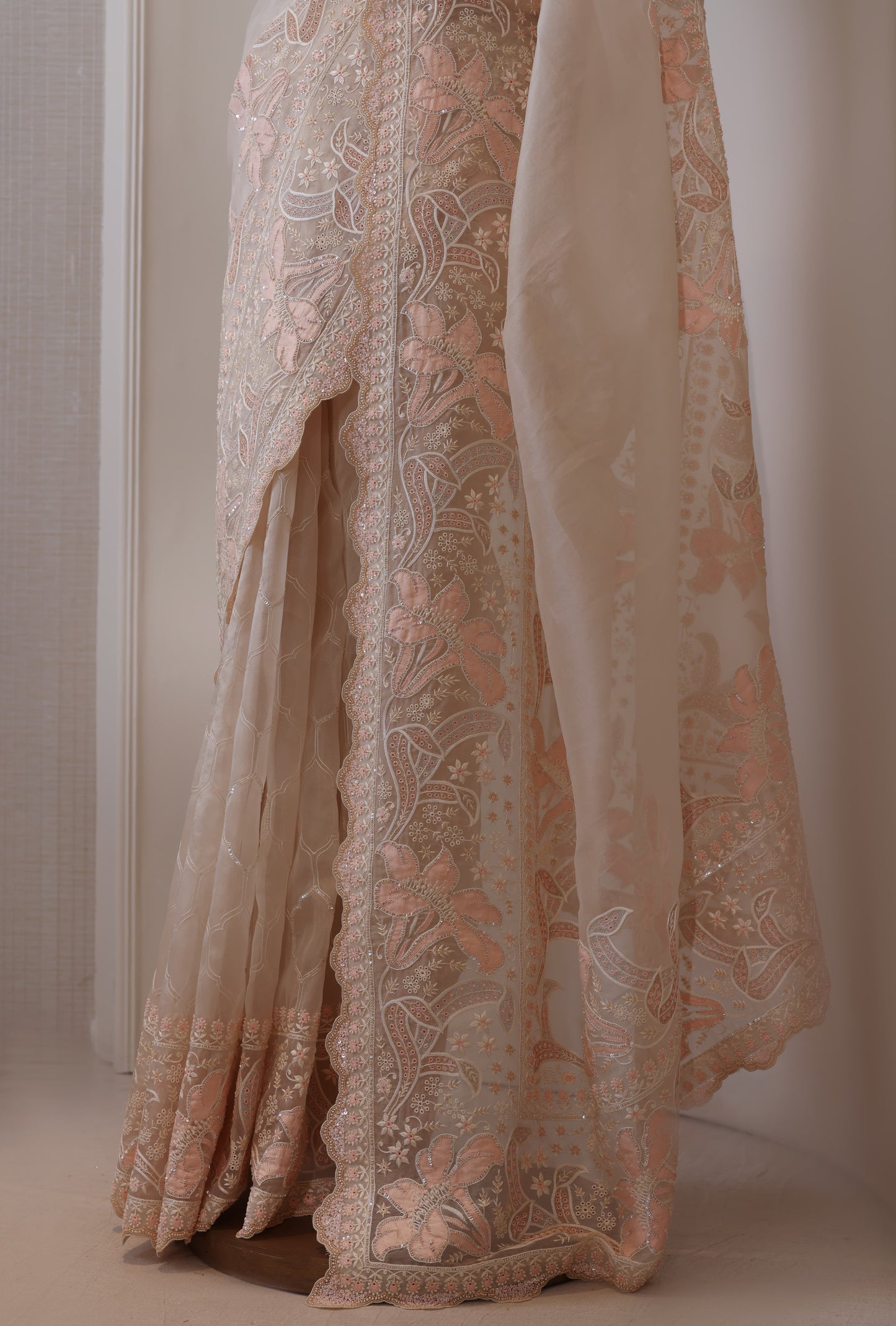 Peach Shadow Work Organza Saree