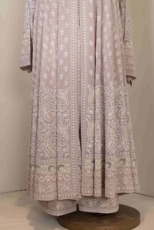 Mauve Paisley Chikankari Anarkali with Embroidered Pants