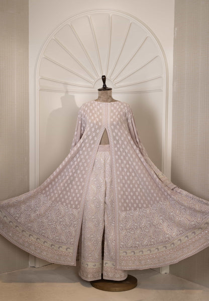 Mauve Paisley Chikankari Anarkali with Embroidered Pants