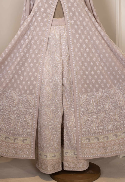 Mauve Paisley Chikankari Anarkali with Embroidered Pants
